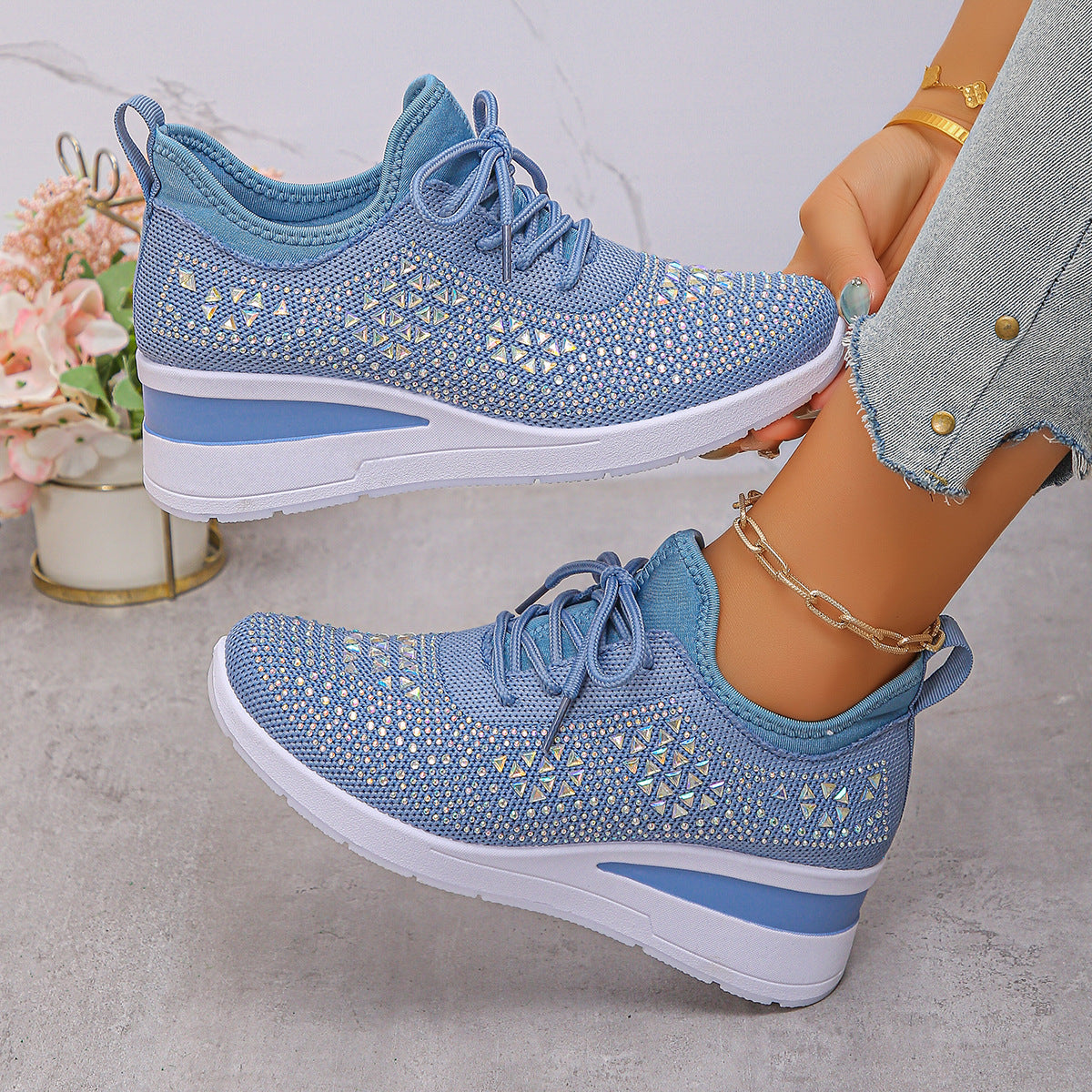 Sky Blue rhinestone lace-up wedge sneakers for women