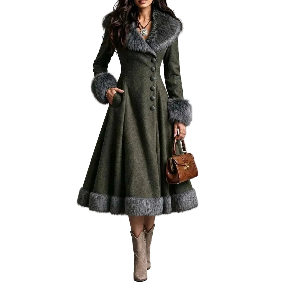 Fur-Collar Fitted Waist Long Dress product image