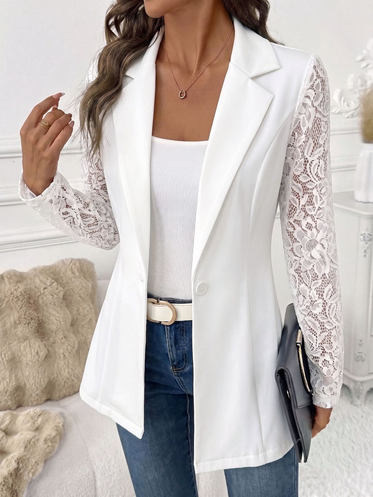 One-button lace-panel blazer for women