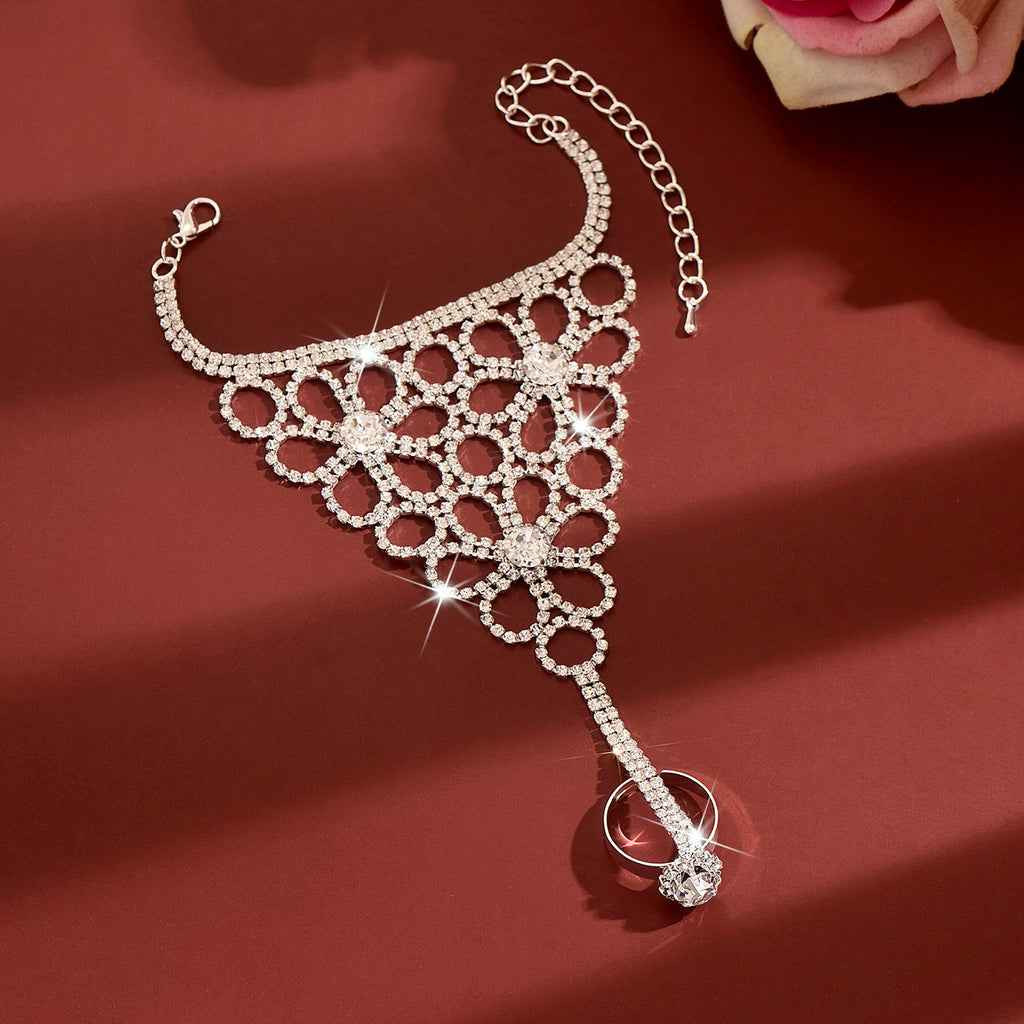 Flower ring bracelet wrist chain in silver tone - view 5