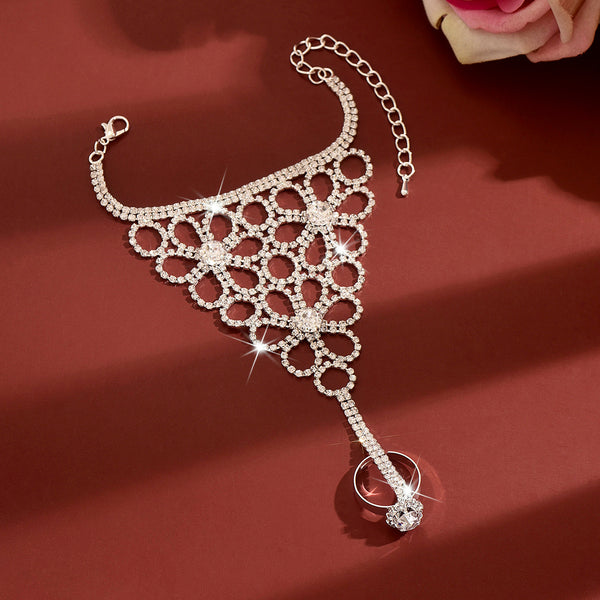 Flower ring bracelet wrist chain in silver tone - view 5