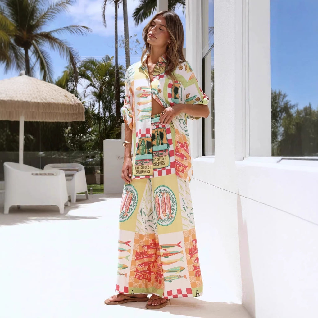 Women's Linen-Blend Printed Pants Set — product image 2