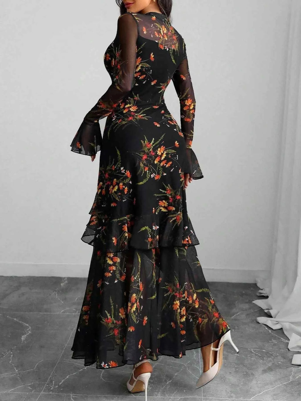 Floral flounce sleeve mermaid maxi dress — additional view 3