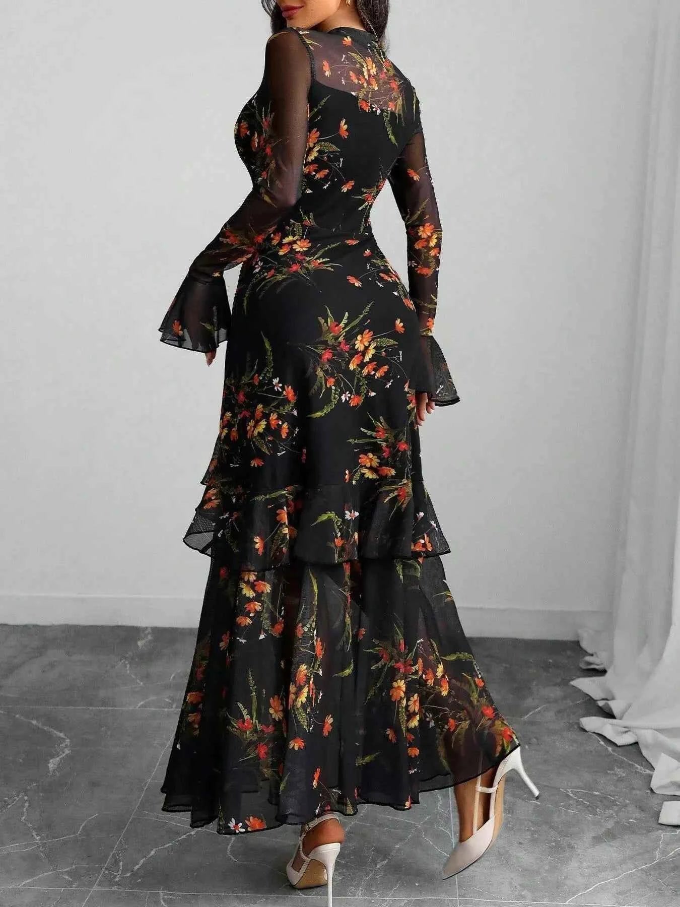 Floral flounce sleeve mermaid maxi dress — additional view 3