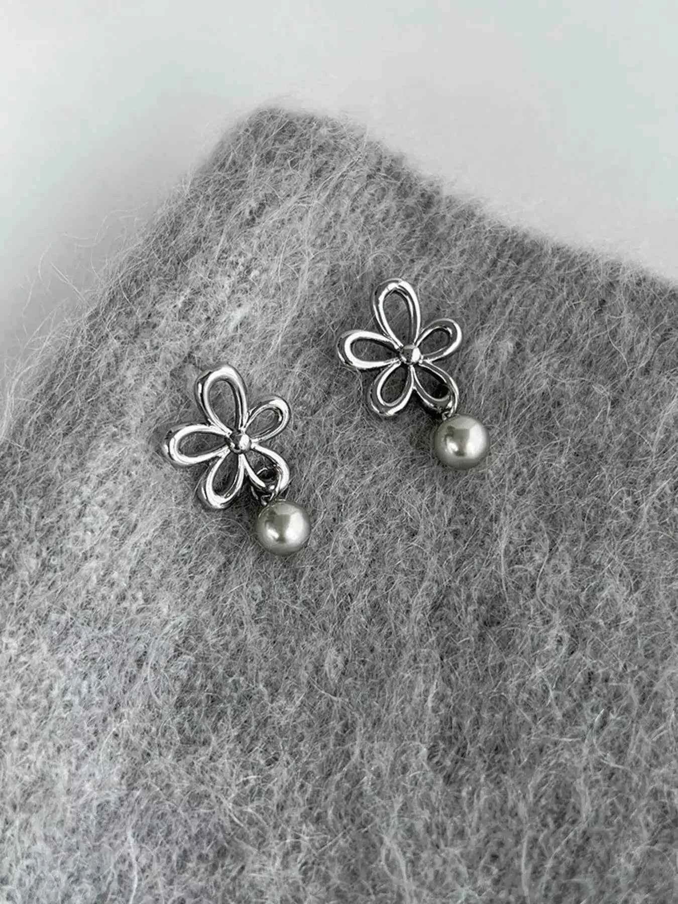 Flower Pearl Drop Earrings (Silver-Plated), product view 7