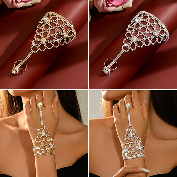 Hollow flower ring detail with rhinestone accents - view 6