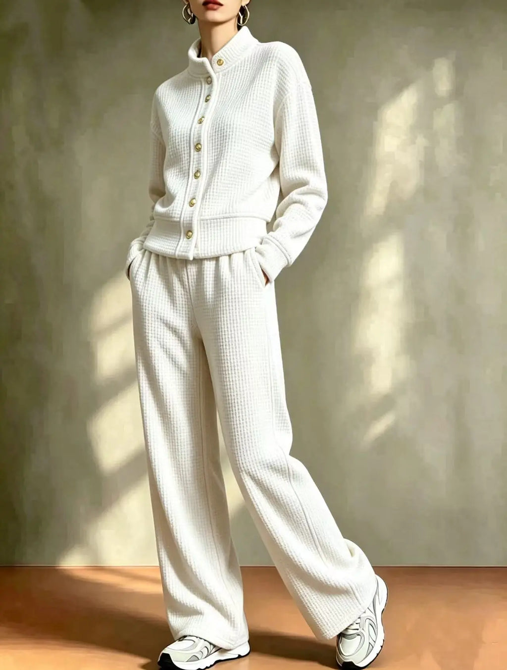 White women's waffle knit cardigan and pants set