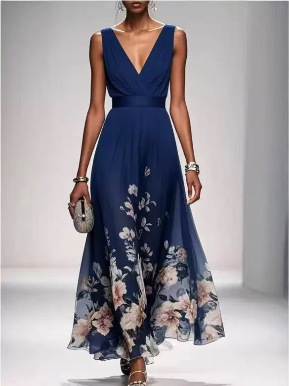 V-Neck Slim-Fit Chiffon Evening Gown