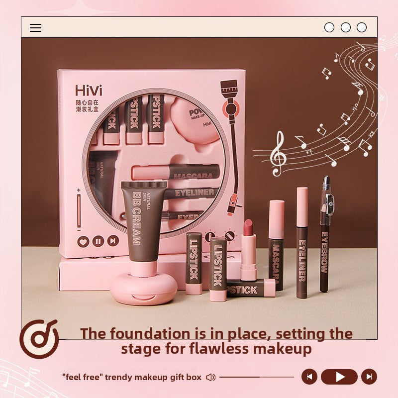 Vinyl record makeup set with lipstick and powder compact product photo
