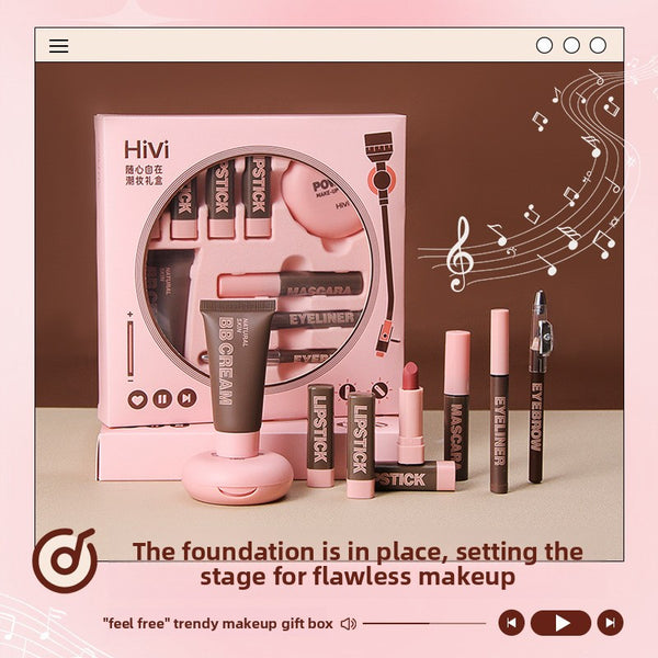 Vinyl record makeup set with lipstick and powder compact product photo
