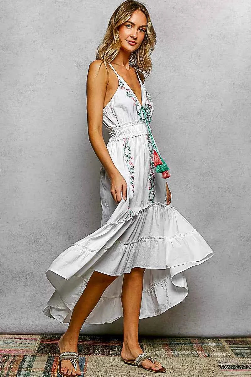 Ivory tiered cami midi dress with embroidered tassel tie — additional view 4