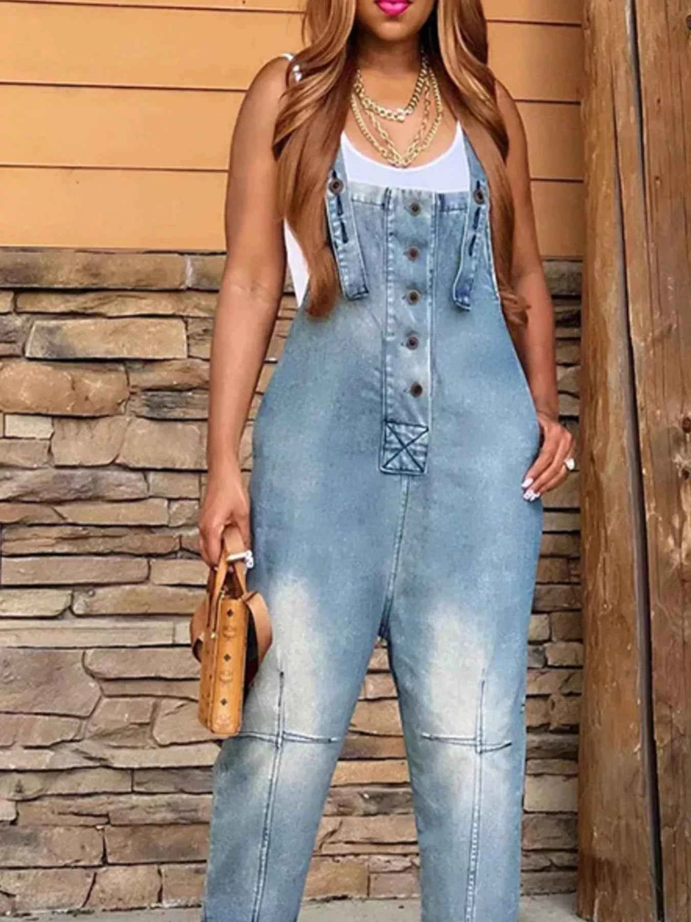 Plus size denim overalls with pockets — additional view 7