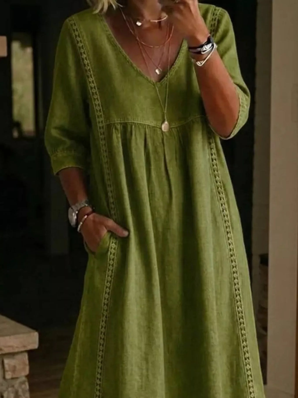 Full Size V-Neck 3/4 Sleeve Midi Dress Plus Size — additional view 4