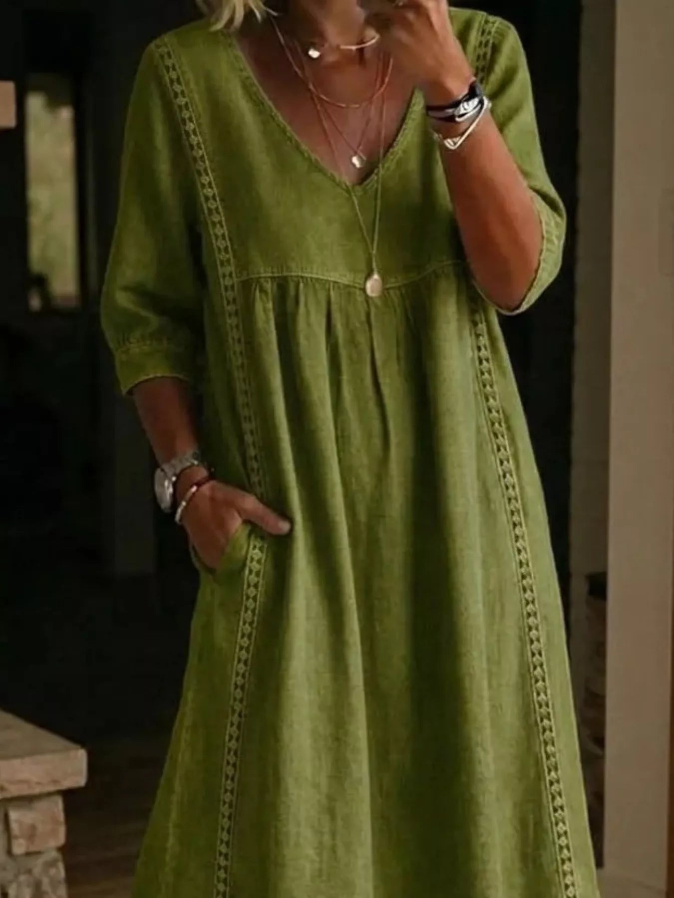 Full Size V-Neck 3/4 Sleeve Midi Dress Plus Size — additional view 4