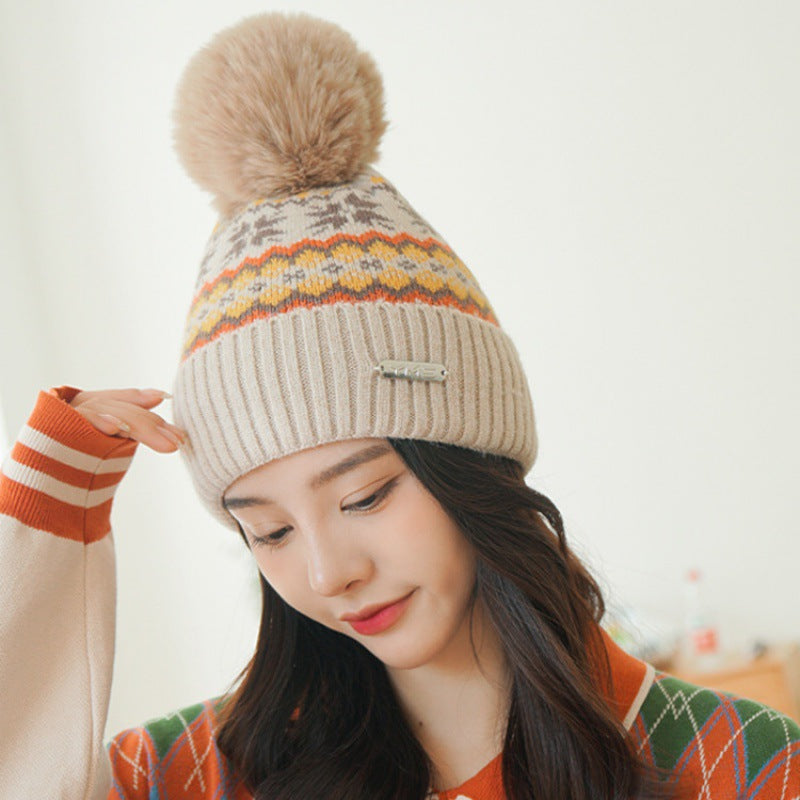 Khaki pom pom knit beanie with ear flaps for women