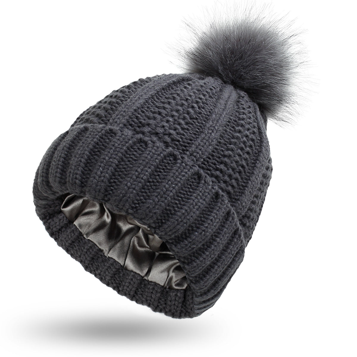 Women's Satin Lined Beanie - Faux Fur Pom Pom Winter Skull Cap additional product view