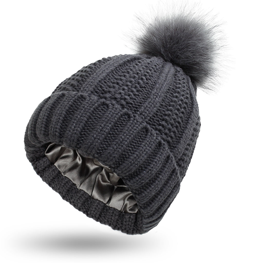 Dark Grey satin lined pom pom beanie hat for women