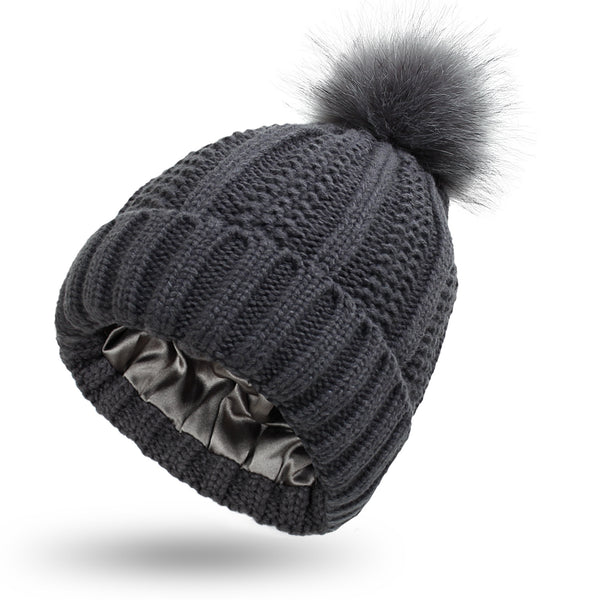 Dark Grey satin lined pom pom beanie hat for women