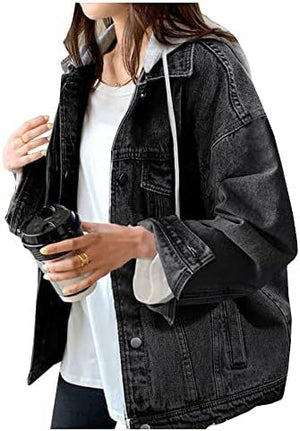 Black relaxed-fit hooded denim jacket for women