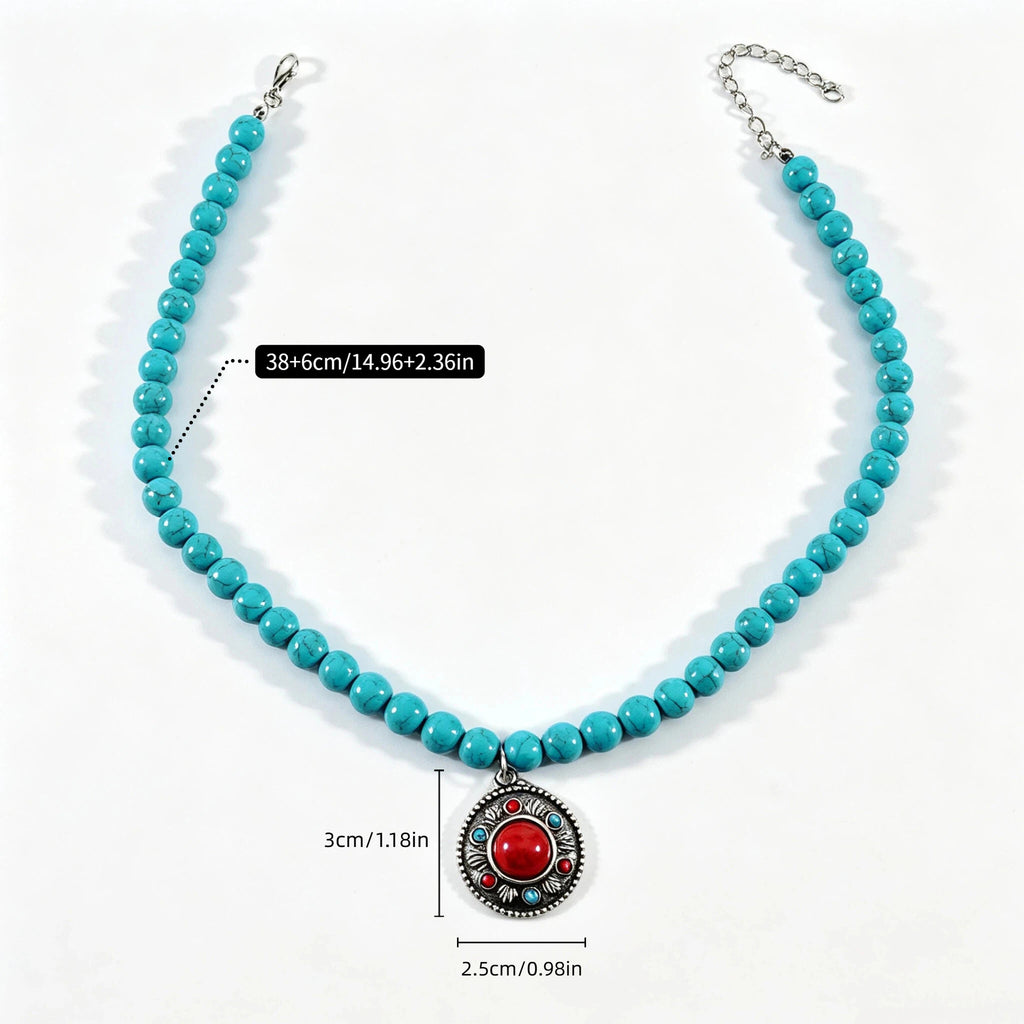 Turquoise-colored beaded necklace with red round pendant and measurement guides