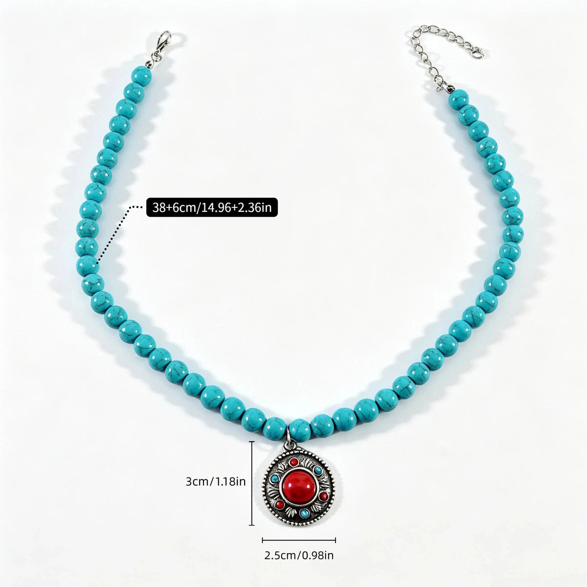 Turquoise-colored beaded necklace with red round pendant and measurement guides