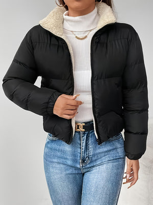 Black casual solid-color zip jacket for women