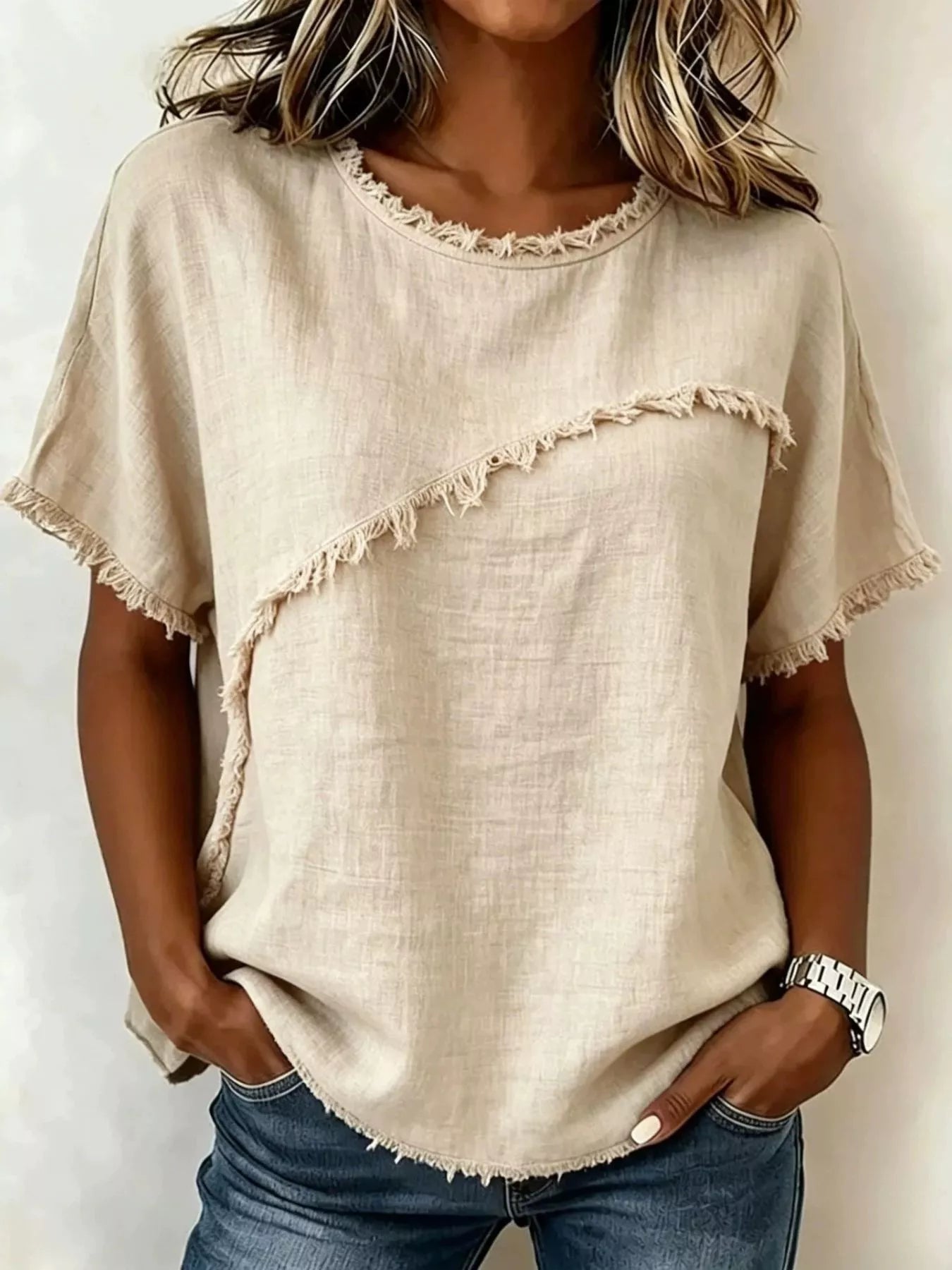 Full Size Frayed Hem Short Sleeve Top Plus Size view 4