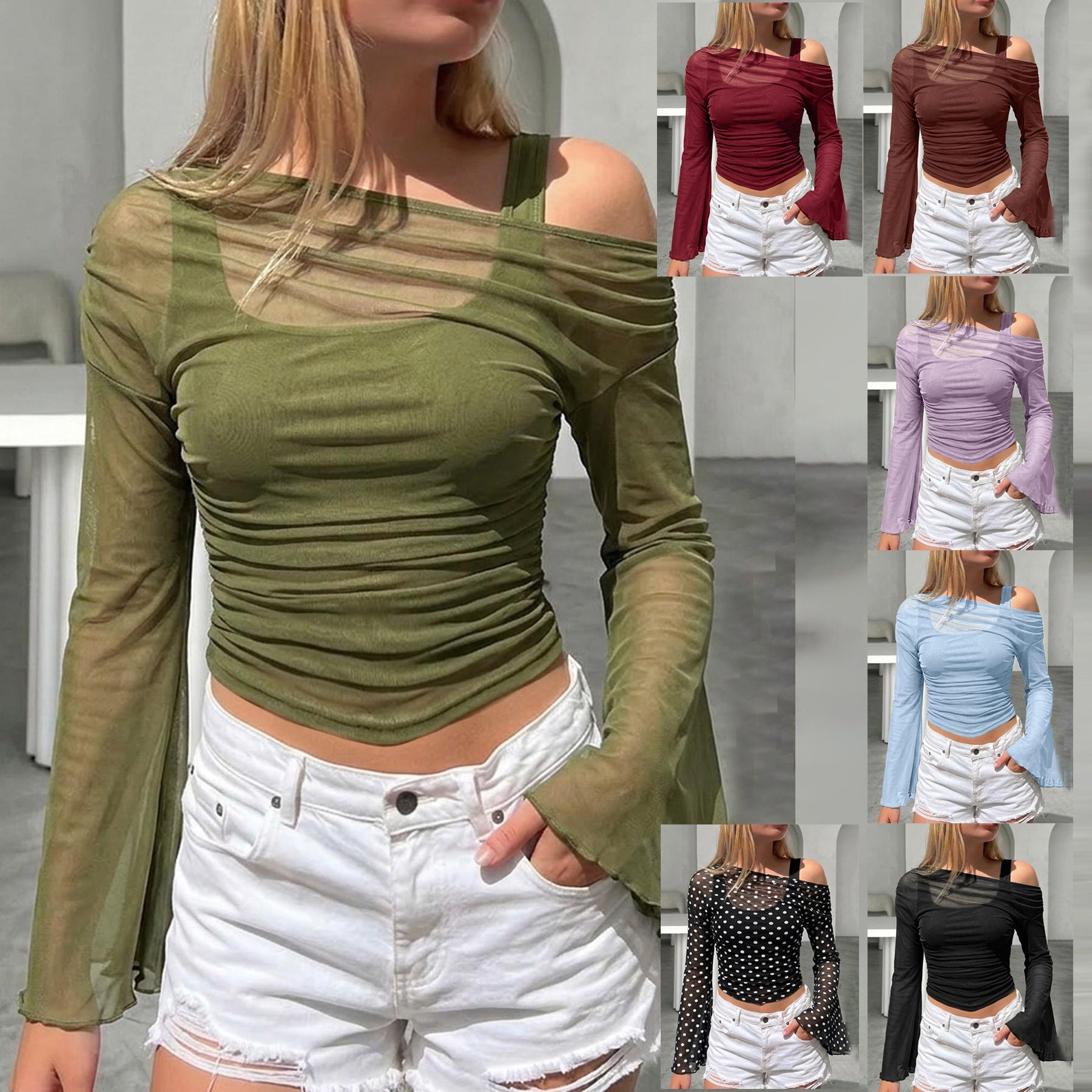 Main product photo of Mesh Neck Pleated Long Sleeve Top, Blouse, mesh neck pleated long sleeve top, everyday style