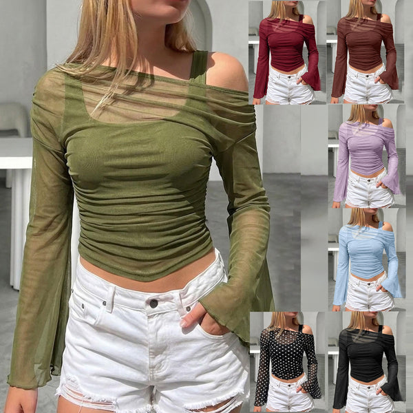 Main product photo of Mesh Neck Pleated Long Sleeve Top, Blouse, mesh neck pleated long sleeve top, everyday style