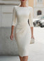 Cream fitted midi dress with gathered waist, front view on a model
