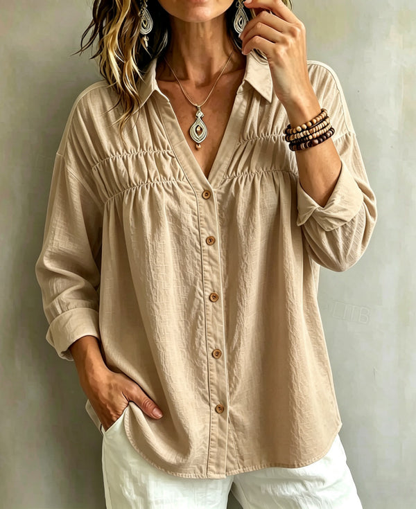 Product detail photo of V Neck Button Long Sleeve Blouse, Women’s Blouse, everyday style
