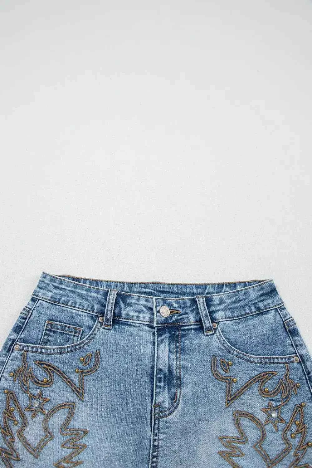 Western embroidered studded denim shorts — additional view 5