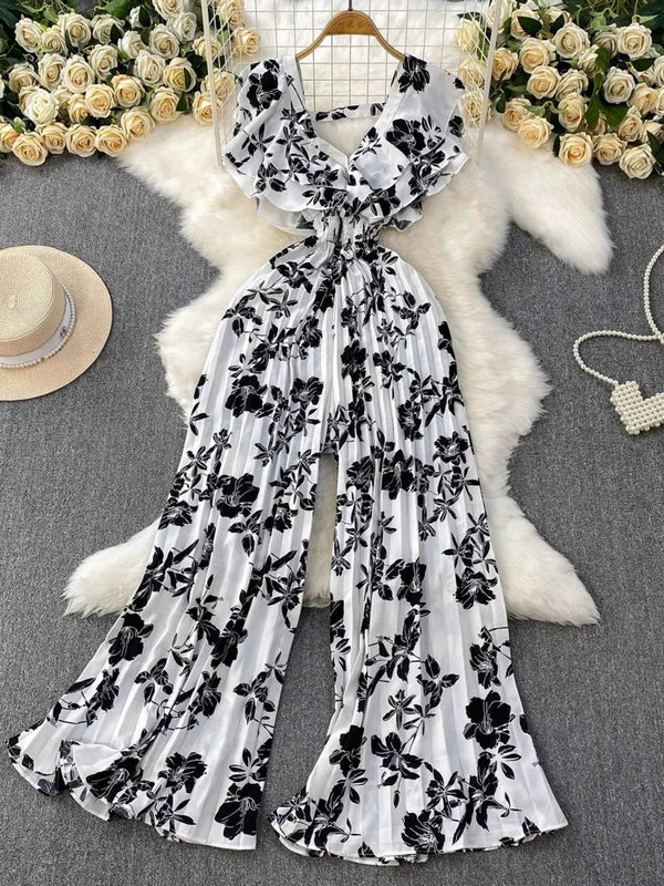Cotton Spandex Floral Print Jumpsuit-Jumpsuit-Splashis-Color:White-Size:One Size-Splashis