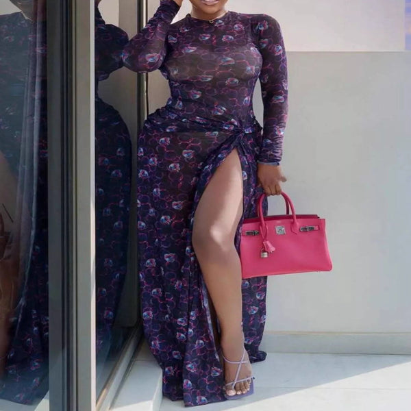 Model wearing the Sheer Floral Print Maxi Dress with High Slit