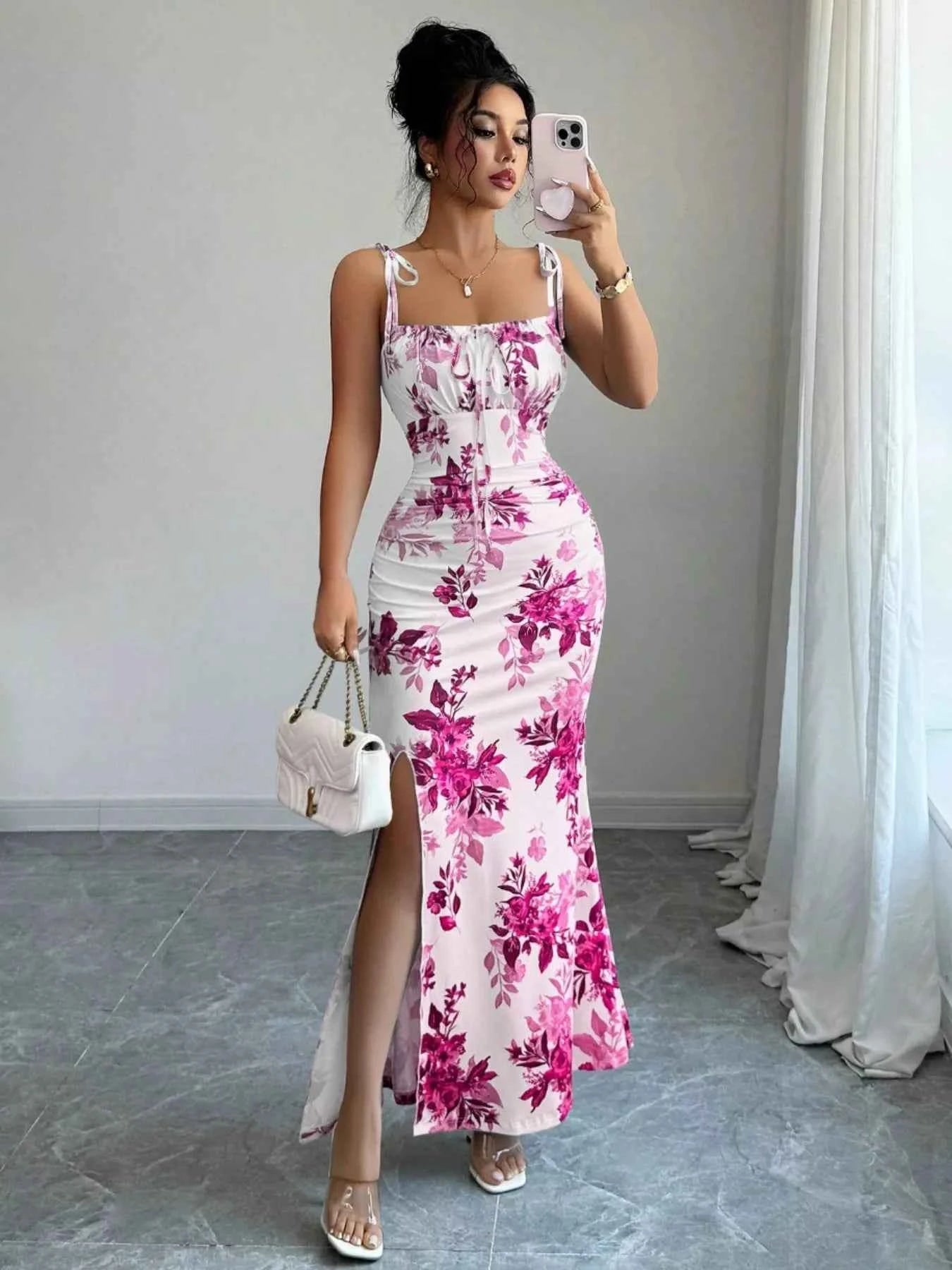 Printed tie strap slit maxi dress — additional view 4