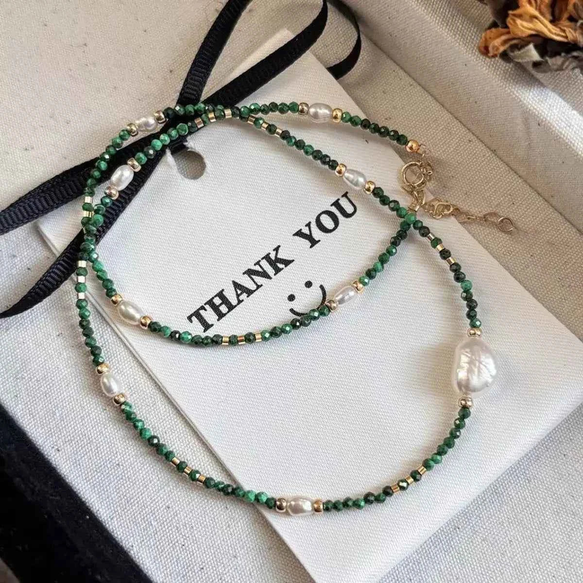 Freshwater pearl and malachite beaded necklace — additional view 5