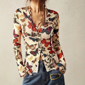 Butterfly print top - V-neck pleated long sleeve blouse for women, image 5