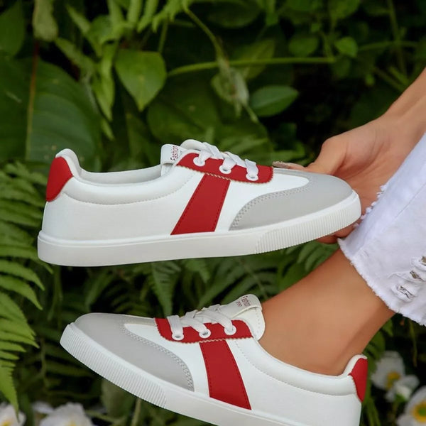 Round toe lace up sneakers in black and red — additional view 4