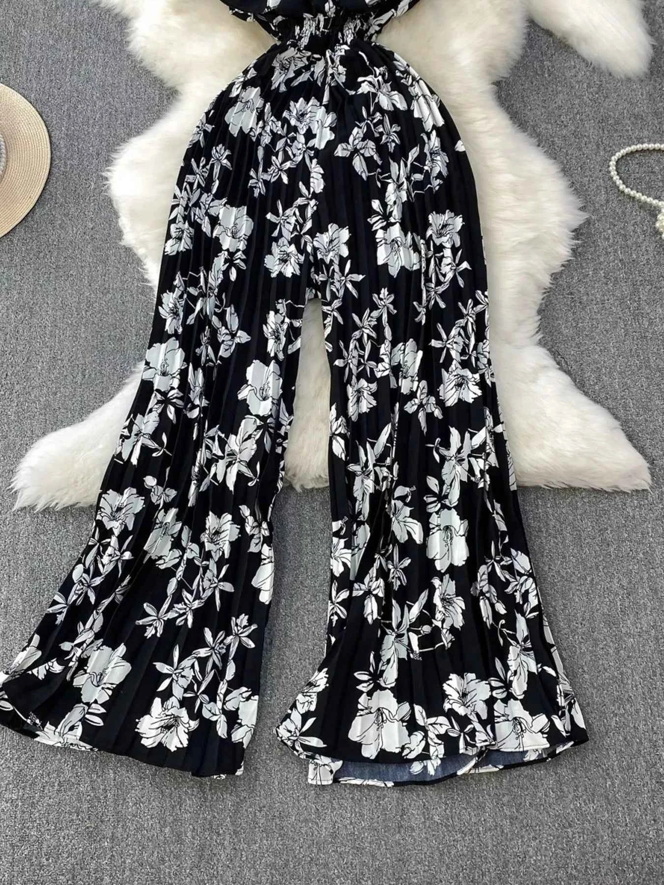 Floral print wide leg pleated jumpsuit — additional view 2