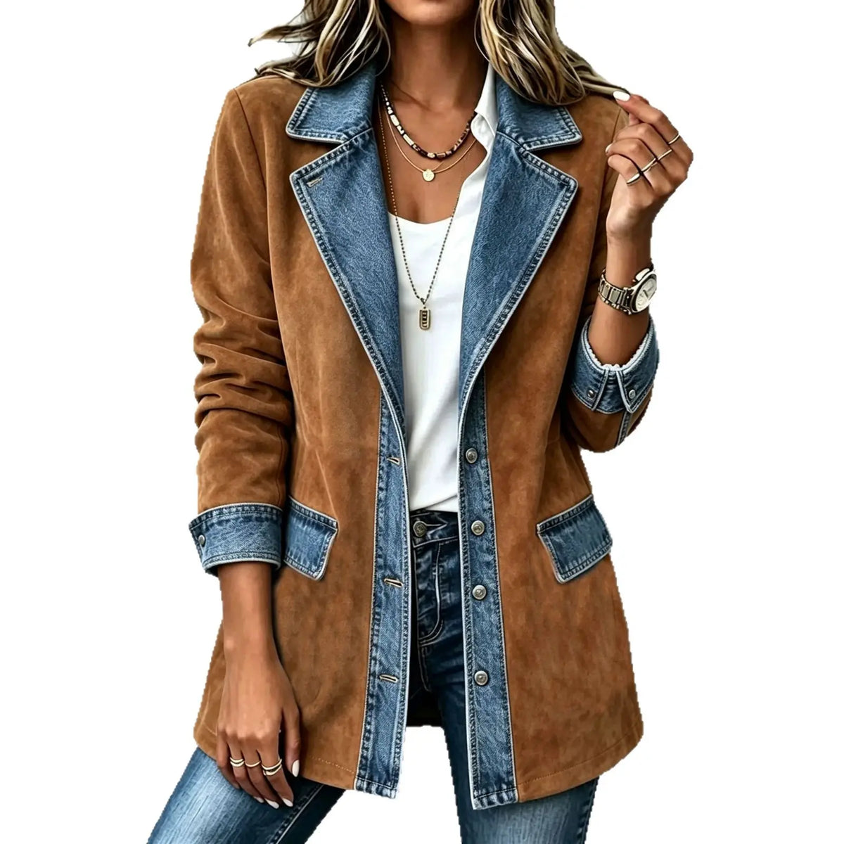 Women's suede-look patchwork slim-fit jacket with long sleeves