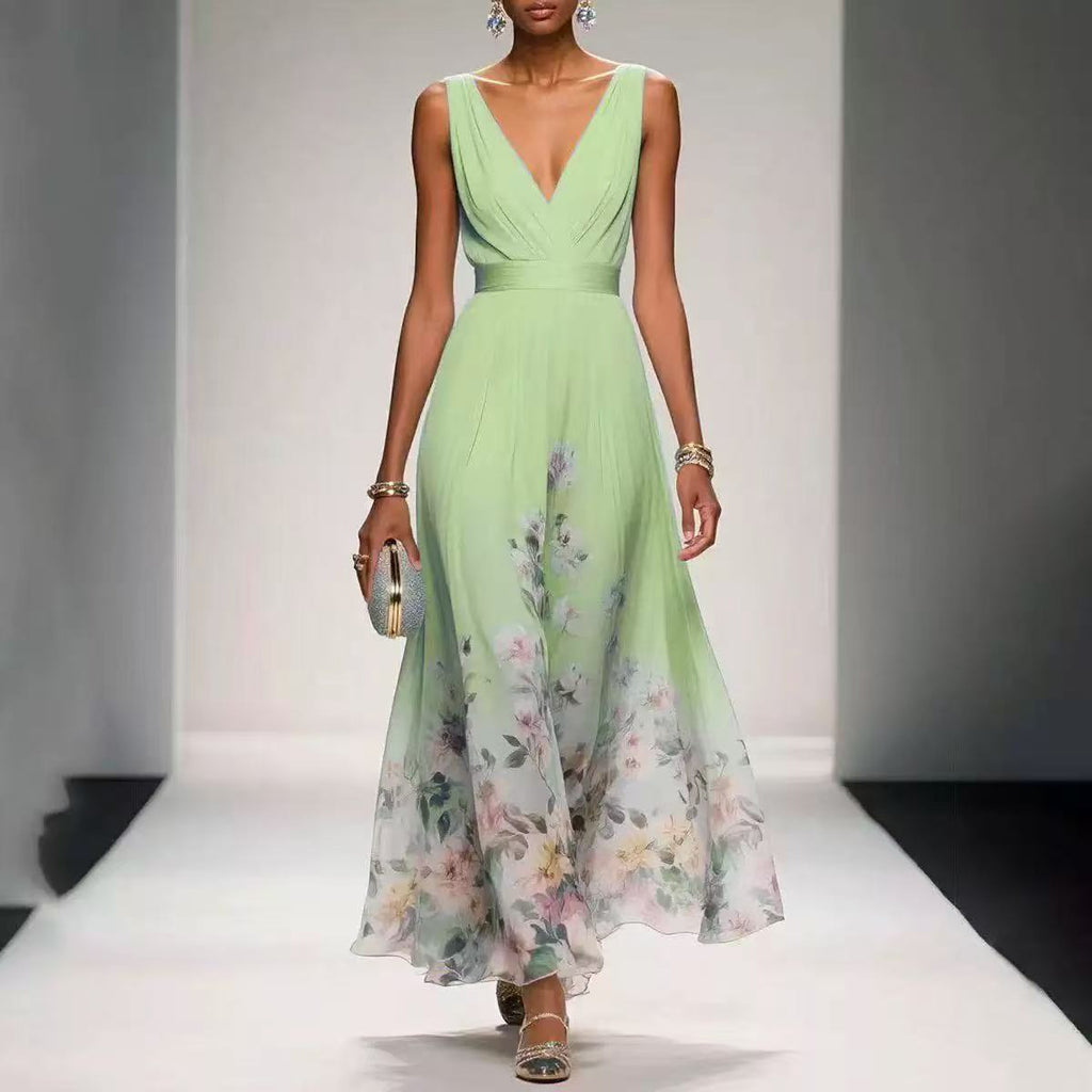 V-Neck Slim-Fit Chiffon Evening Gown