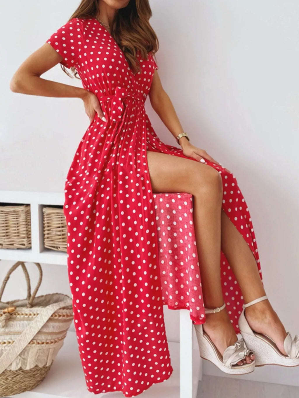 Polka Dot Surplice Maxi Dress with Slit view 9