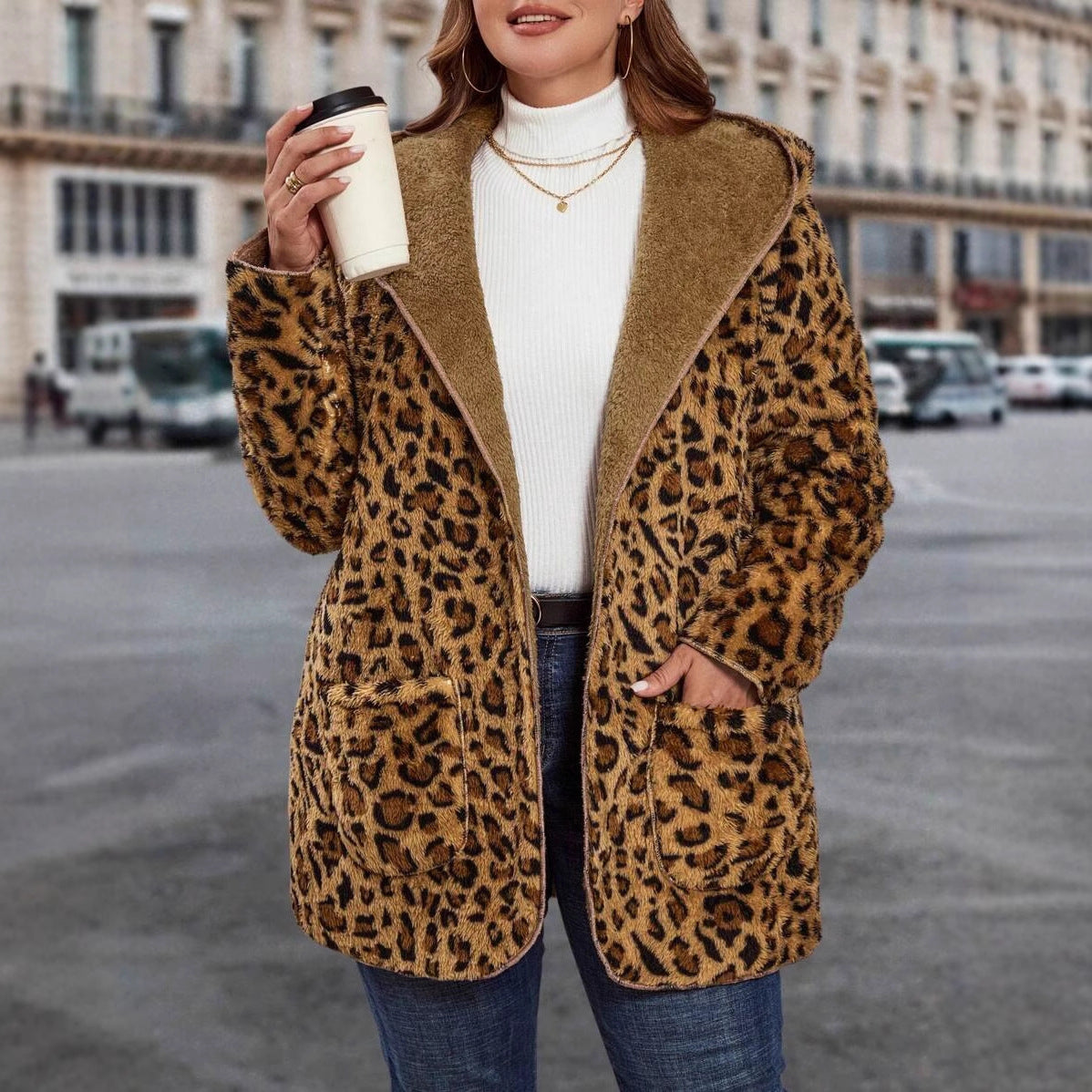 Women's Hooded Loose Fit Thick Leopard Print Jacket, shown in a clear product image
