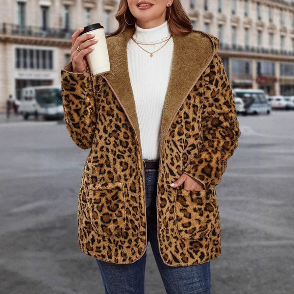 Women's Hooded Loose Fit Thick Leopard Print Jacket, shown in a clear product image