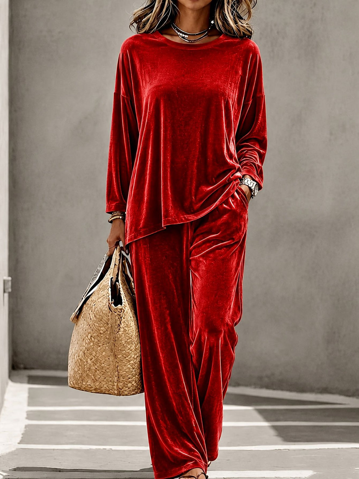 Red round neck top and pants set for women