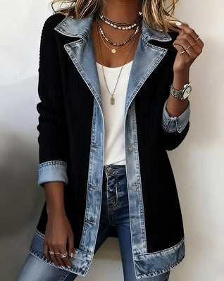 Women's black jacket with blue denim-look lapels and front trim