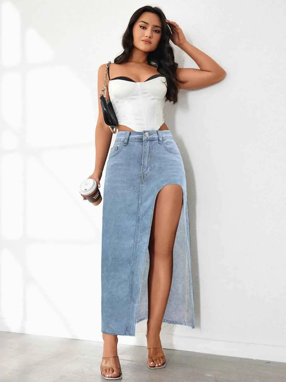 High-rise denim skirt with side slit — additional view 7
