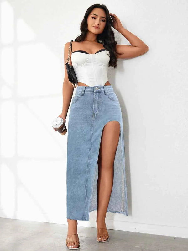 High-rise denim skirt with side slit — additional view 7