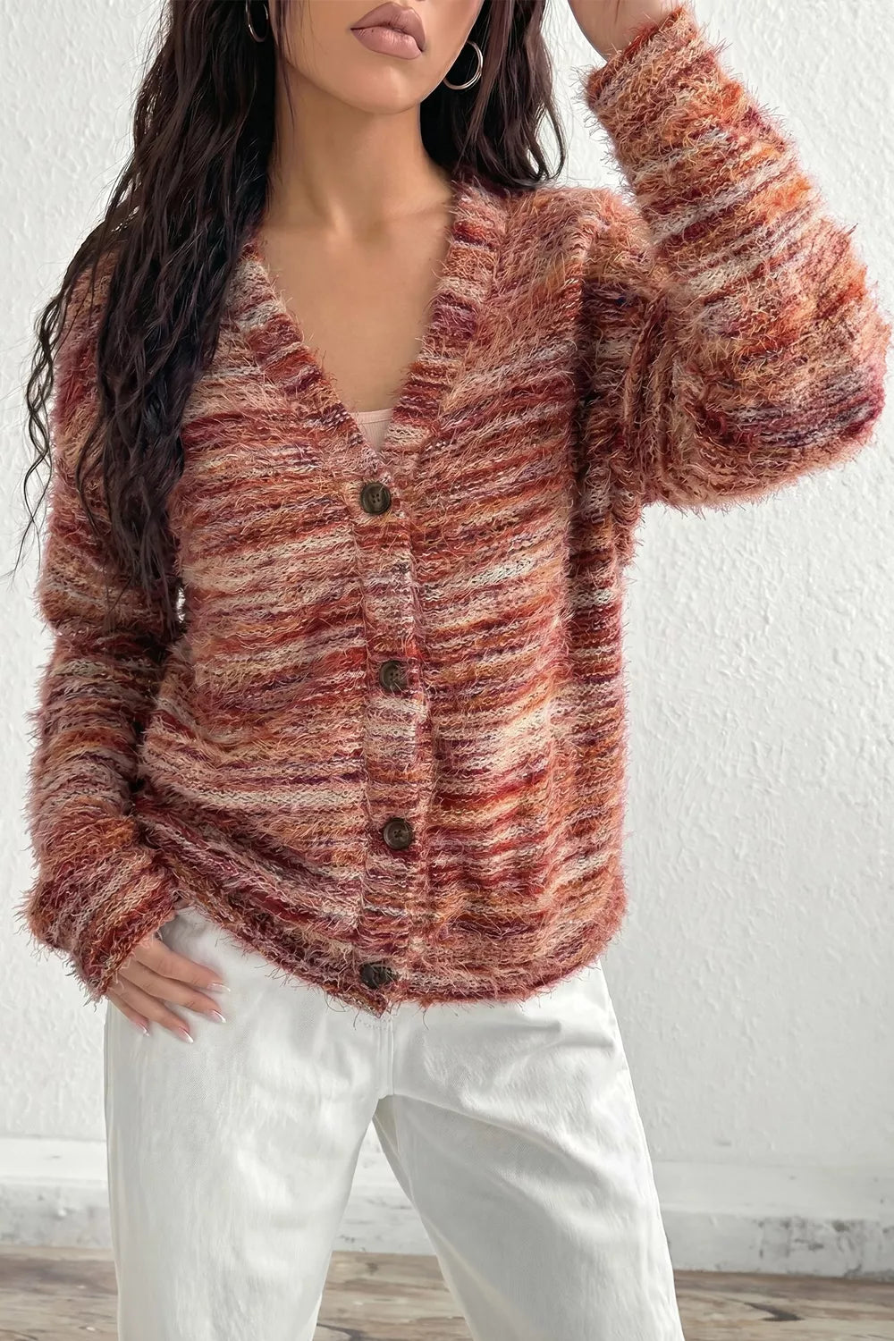Fuzzy Striped Button Front Cardigan Sweater view 3