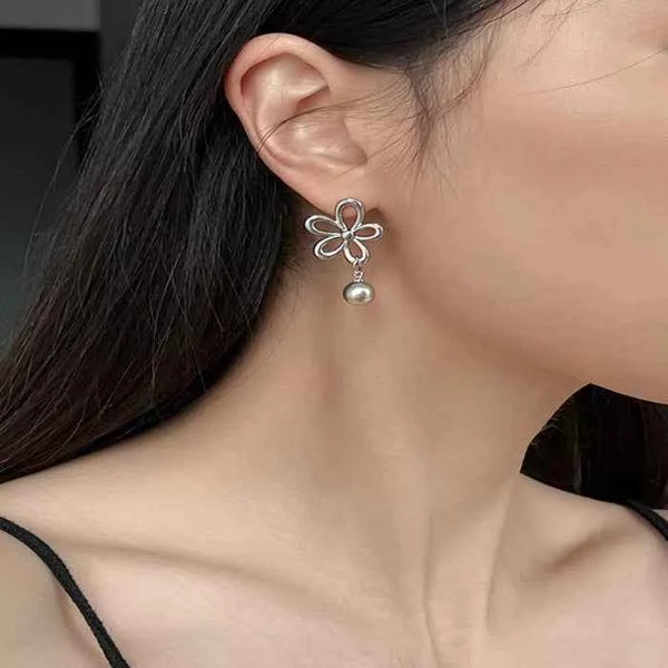 Flower pearl drop earrings in silver-plated alloy — primary view